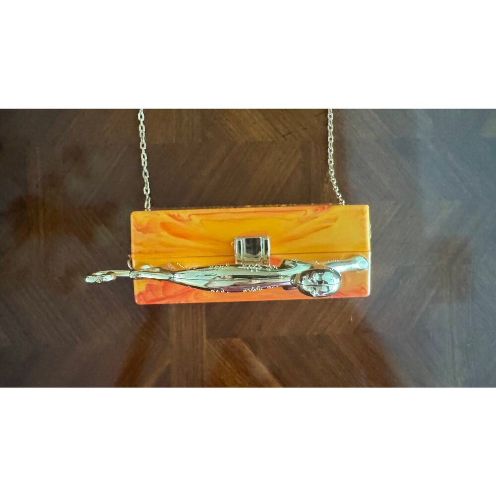 Orange Marbled Panther Handle Box Clutch Minaudiere Chain Purse - Picture 12 of 12